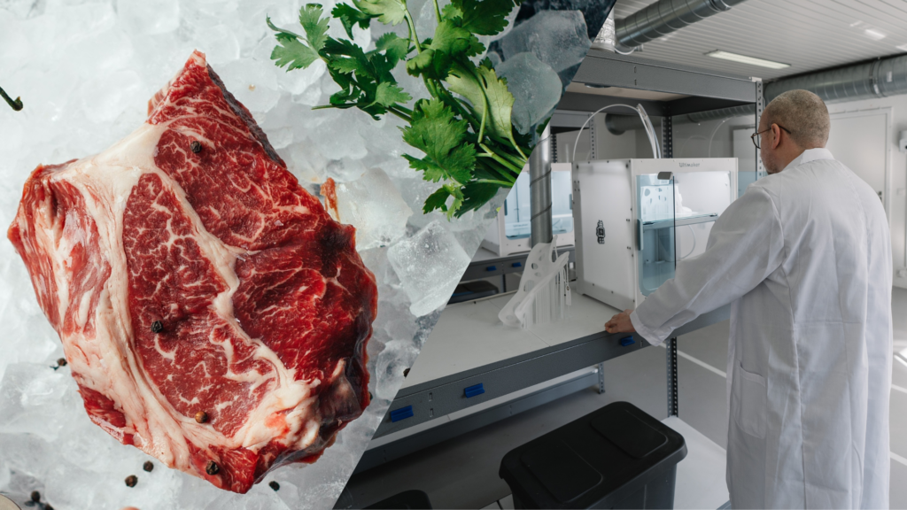 photo of steak beside photo of 3d printing lab