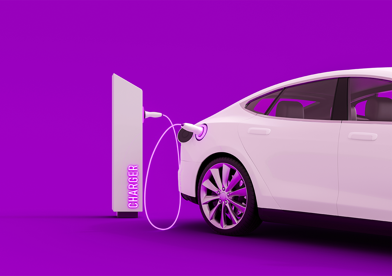 electric vehicle plugged into a charging station with purple background